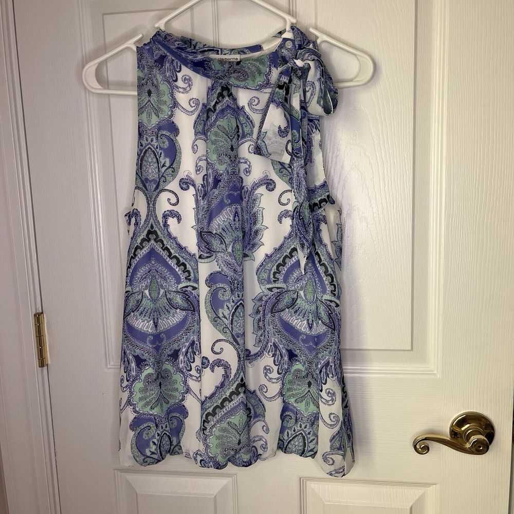 Liz Claiborne Blue Paisley Sleeveless Blouse High Neck Tie - Size Medium - Picture 2 of 9